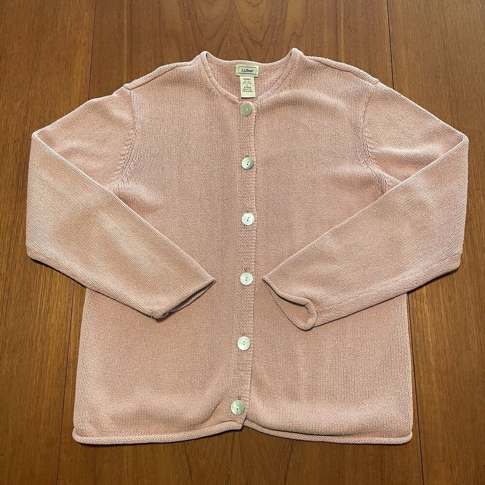 L.L. Bean Grandma Cardigan Sweater Silk Cotton Blend Size L Abalone Button